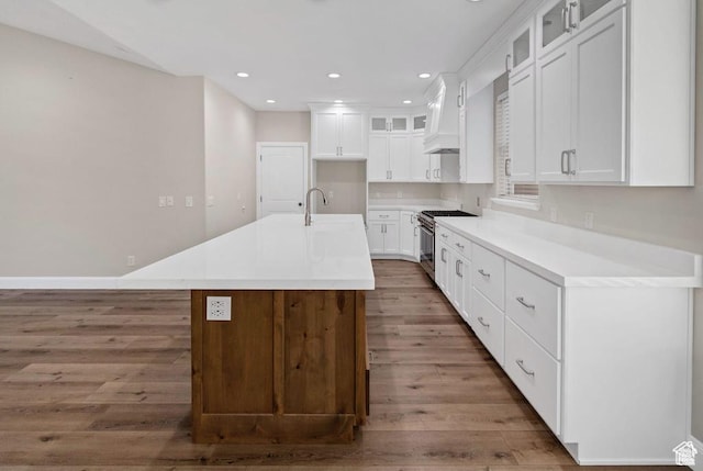 kitchen featuring stainless steel range, wood finished floors, an island with sink, white cabinets, and glass insert cabinets