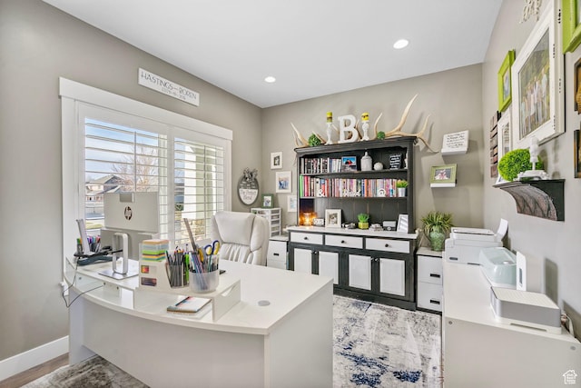 office featuring recessed lighting and baseboards