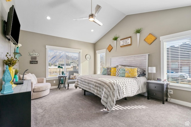 carpeted bedroom with recessed lighting, baseboards, a ceiling fan, and lofted ceiling