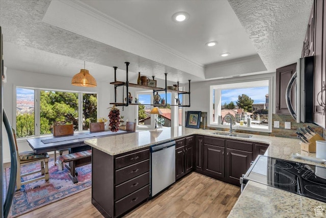 kitchen featuring a peninsula, light wood-style flooring, a sink, appliances with stainless steel finishes, and a raised ceiling