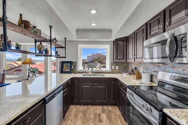 kitchen featuring ornamental molding, a sink, plenty of natural light, appliances with stainless steel finishes, and a raised ceiling