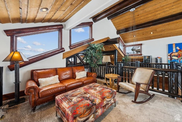 3438 Snow Top Ct, Park City, UT 84060 - living area featuring beamed ceiling, wood ceiling, baseboards, and high vaulted ceiling