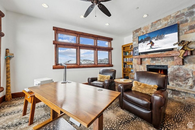 3438 Snow Top Ct, Park City, UT 84060 - office space featuring a stone fireplace, recessed lighting, baseboards, and ceiling fan