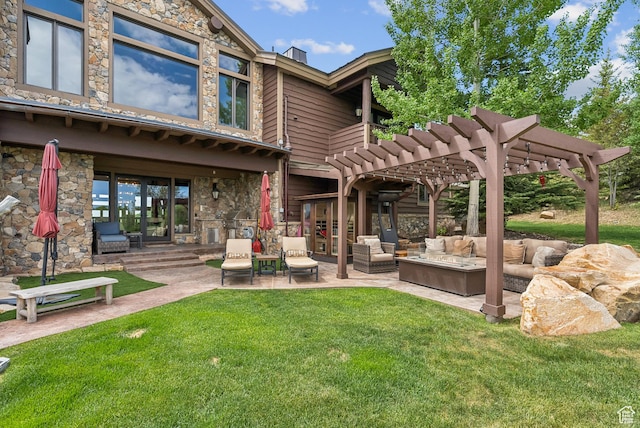 3438 Snow Top Ct, Park City, UT 84060 - rear view of property with stone siding, an outdoor hangout area, french doors, a pergola, and a lawn