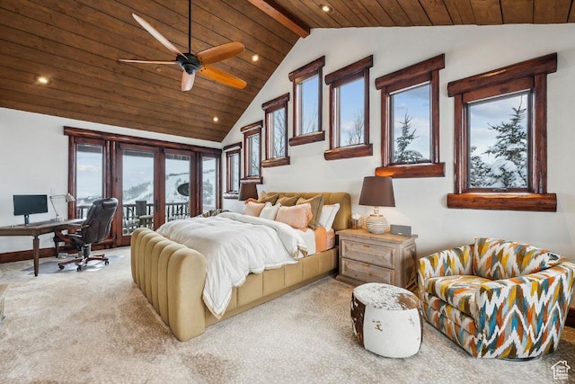 3438 Snow Top Ct, Park City, UT 84060 - carpeted bedroom with baseboards, vaulted ceiling, recessed lighting, wooden ceiling, and access to outside