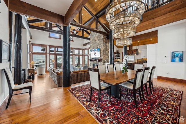 3438 Snow Top Ct, Park City, UT 84060 - dining area featuring hardwood / wood-style flooring, high vaulted ceiling, baseboards, and beam ceiling