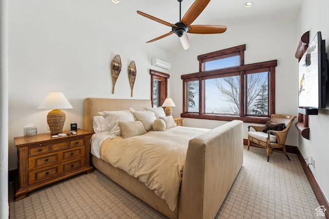 3438 Snow Top Ct, Park City, UT 84060 - bedroom featuring a ceiling fan, a wall unit AC, recessed lighting, a high ceiling, and baseboards