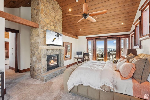 3438 Snow Top Ct, Park City, UT 84060 - carpeted bedroom featuring wooden ceiling, high vaulted ceiling, access to exterior, and a fireplace