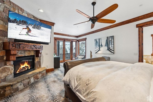 3438 Snow Top Ct, Park City, UT 84060 - bedroom with a stone fireplace, access to exterior, crown molding, and french doors