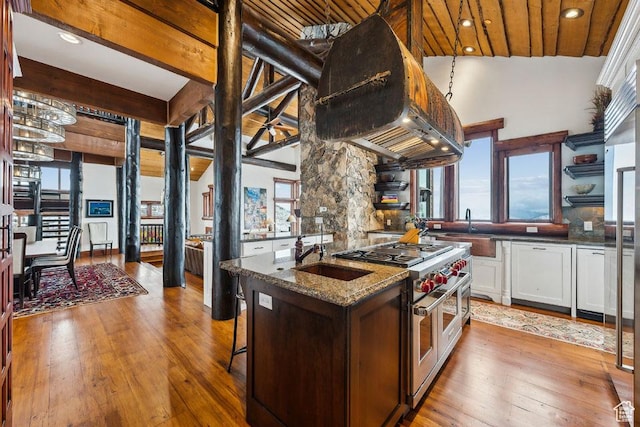 3438 Snow Top Ct, Park City, UT 84060 - kitchen featuring white cabinetry, range with two ovens, light wood-type flooring, and a sink