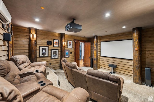 3438 Snow Top Ct, Park City, UT 84060 - carpeted home theater with recessed lighting, wood walls, and a wall mounted air conditioner