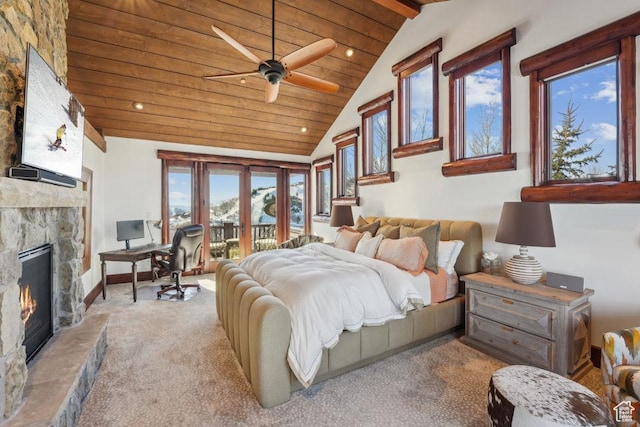 3438 Snow Top Ct, Park City, UT 84060 - carpeted bedroom featuring vaulted ceiling with beams, baseboards, a stone fireplace, wooden ceiling, and access to outside