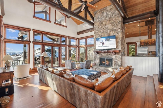 3438 Snow Top Ct, Park City, UT 84060 - living area featuring hardwood / wood-style flooring, a fireplace, wooden ceiling, and beam ceiling