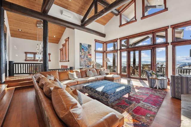 3438 Snow Top Ct, Park City, UT 84060 - living area featuring beam ceiling, wooden ceiling, high vaulted ceiling, and wood finished floors