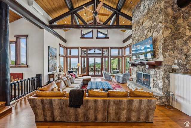 3438 Snow Top Ct, Park City, UT 84060 - living room with a wooden ceiling with exposed beams, wood-type flooring, high vaulted ceiling, and a stone fireplace