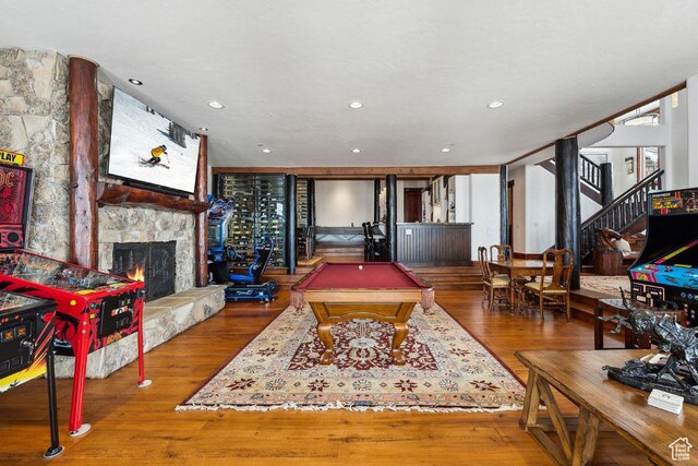 3438 Snow Top Ct, Park City, UT 84060 - playroom featuring recessed lighting, a fireplace, billiards, and wood finished floors