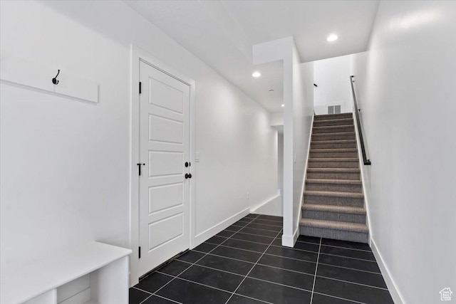 14404 S Champ Cv E Unit 144, Draper, UT 84020 - staircase featuring tile patterned flooring, visible vents, recessed lighting, and baseboards
