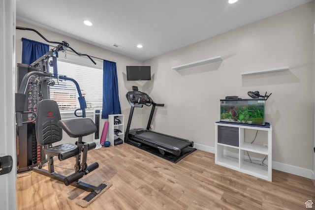 203 E Deer Run Loop Unit 40, Elk Ridge, UT 84651 - exercise room featuring baseboards, recessed lighting, and wood finished floors