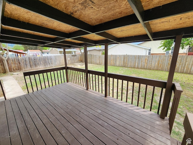 deck with a yard and a fenced backyard