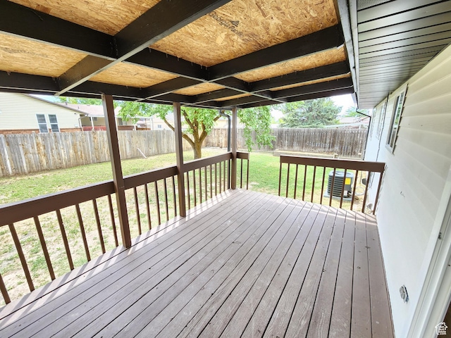 wooden deck with a yard and a fenced backyard