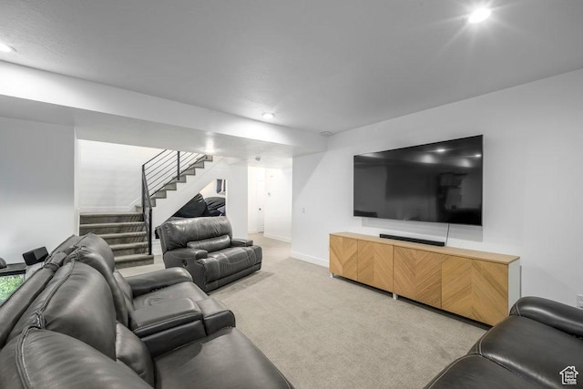 living room with stairway, recessed lighting, light colored carpet, and baseboards