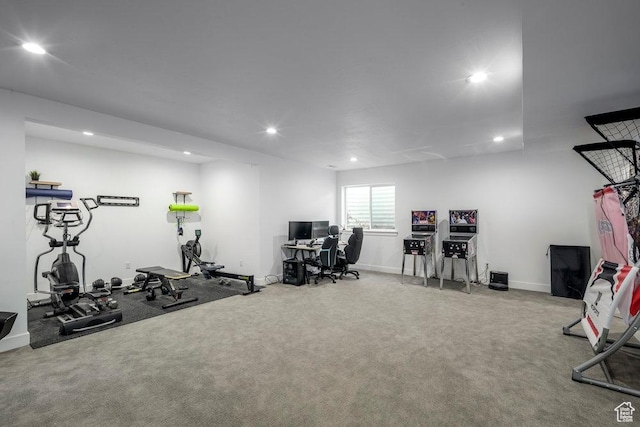 workout room with recessed lighting, baseboards, and carpet