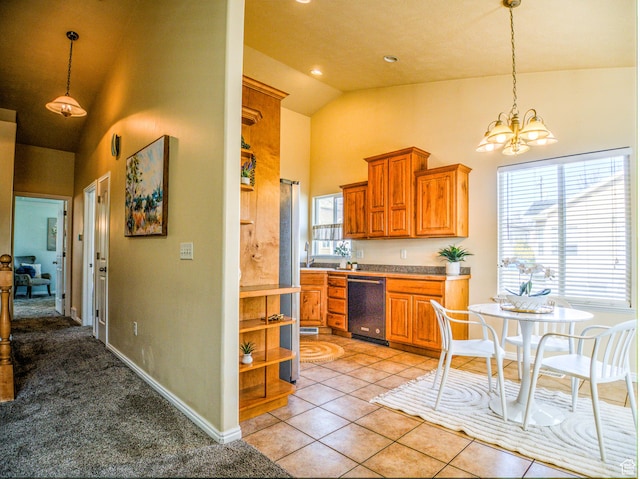 1464 W Duck Pond Ln, Taylorsville, UT 84123 - kitchen featuring brown cabinetry, high vaulted ceiling, open shelves, an inviting chandelier, and a sink