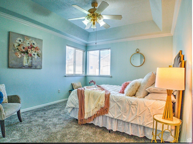 1464 W Duck Pond Ln, Taylorsville, UT 84123 - carpeted bedroom with ceiling fan, baseboards, crown molding, and a tray ceiling