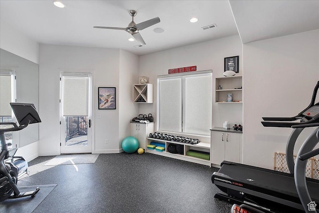 workout area with a ceiling fan, recessed lighting, visible vents, and baseboards