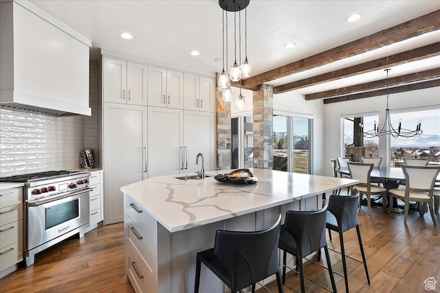kitchen featuring a sink, designer stove, dark wood finished floors, and premium range hood