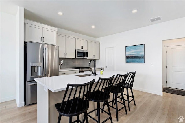 987 S 950 W, American Fork, UT 84003 - kitchen with tasteful backsplash, a center island with sink, light countertops, appliances with stainless steel finishes, and a sink
