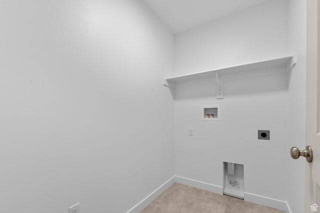 laundry room with hookup for a washing machine, baseboards, light carpet, electric dryer hookup, and laundry area