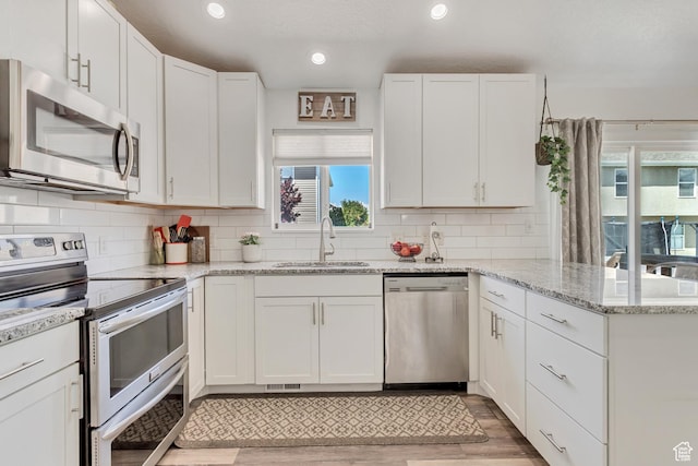 kitchen with white cabinets, a peninsula, stainless steel appliances, and a sink