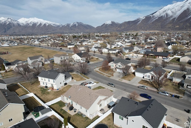 drone / aerial view featuring a mountain view and a residential view