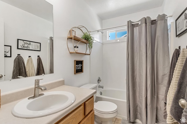 full bathroom featuring tile patterned flooring, shower / bath combination with curtain, toilet, and vanity