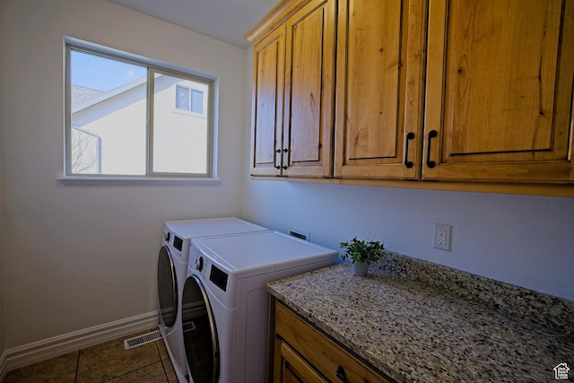406 N 1420 E, Provo, UT 84606 - laundry area with dark tile patterned flooring, visible vents, baseboards, cabinet space, and washer and clothes dryer