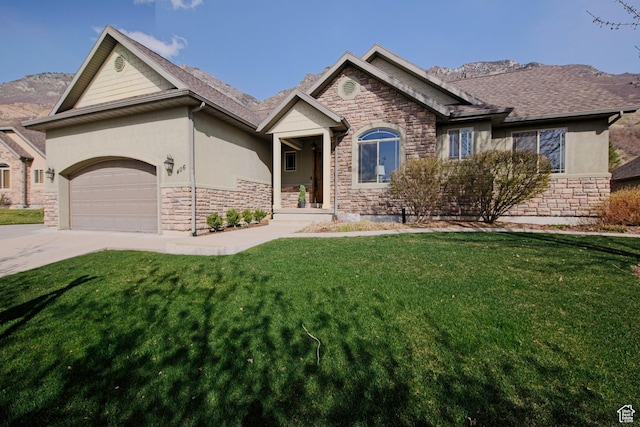 view of front facade featuring stone siding and a front lawn