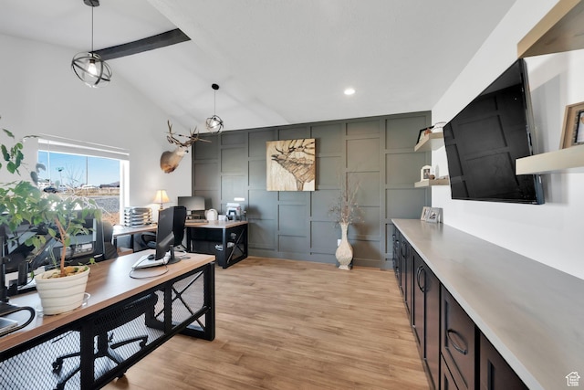 office with lofted ceiling with beams, a decorative wall, recessed lighting, and light wood-type flooring