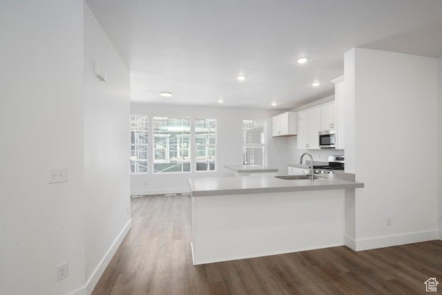 kitchen with light countertops, wood finished floors, white cabinets, stainless steel appliances, and a sink