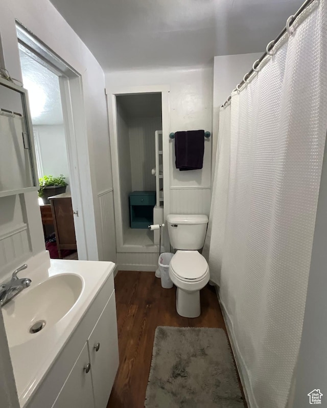 bathroom with vanity, toilet, and wood finished floors
