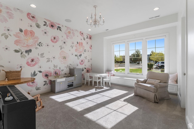 2917 S Old Farm Rd, Washington, UT 84780 - rec room with recessed lighting, wallpapered walls, an inviting chandelier, visible vents, and carpet flooring