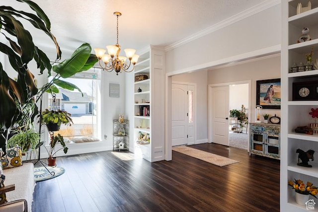 841 E Nichols Canyon Rd, Cedar City, UT 84721 - interior space with built in shelves, dark wood-type flooring, baseboards, ornamental molding, and an inviting chandelier