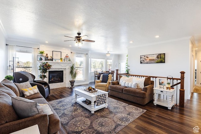 841 E Nichols Canyon Rd, Cedar City, UT 84721 - living room with ornamental molding, a textured ceiling, dark wood finished floors, recessed lighting, and a fireplace