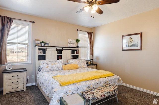 841 E Nichols Canyon Rd, Cedar City, UT 84721 - bedroom featuring a ceiling fan, multiple windows, baseboards, and dark colored carpet