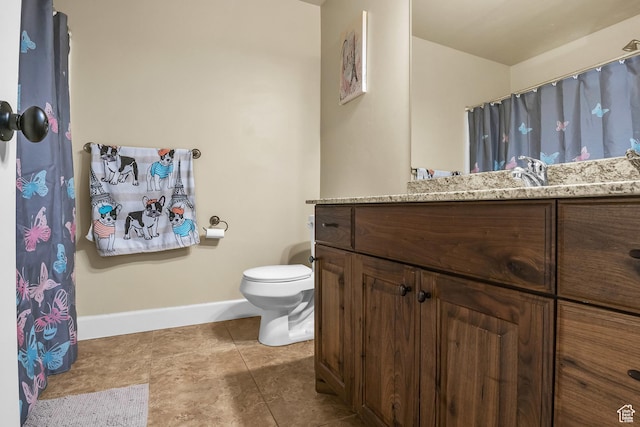 1273 N Baycrest Dr, Saratoga Springs, UT 84045 - bathroom featuring vanity, a shower with curtain, baseboards, tile patterned floors, and toilet