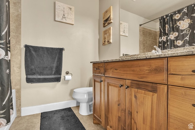 1273 N Baycrest Dr, Saratoga Springs, UT 84045 - bathroom with baseboards, toilet, a shower with shower curtain, tile patterned floors, and vanity