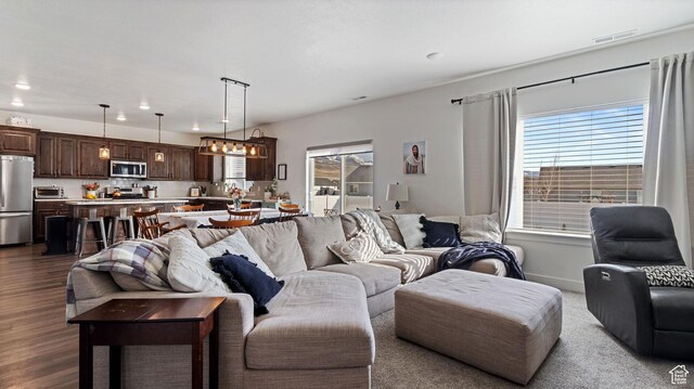 1474 E 480 S, Hyrum, UT 84319 - living area featuring visible vents, dark wood finished floors, recessed lighting, a toaster, and baseboards