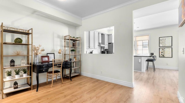 131 W Village Ln, Provo, UT 84604 - home office with crown molding, baseboards, and wood finished floors