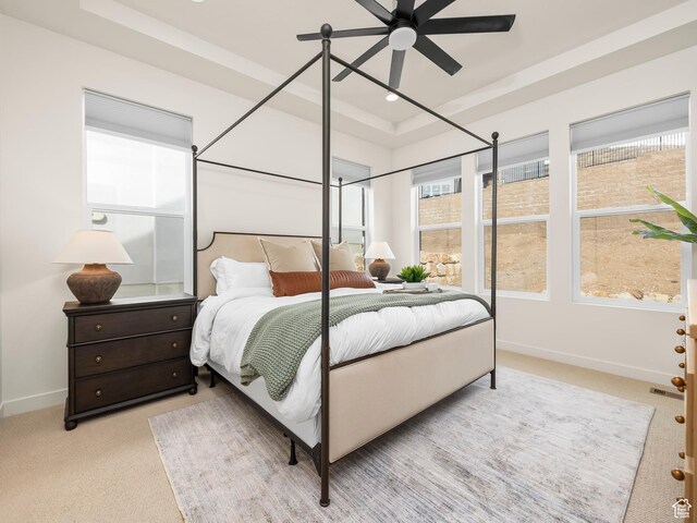 carpeted bedroom with a tray ceiling, visible vents, and baseboards