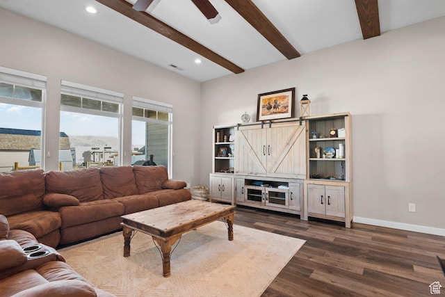 1984 S 4300 W, Ogden, UT 84401 - living area featuring beamed ceiling, dark wood-type flooring, a ceiling fan, recessed lighting, and baseboards